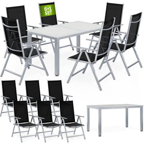 CASARIA® Gartenmöbel Set 6 Stühle mit Tisch 150x90cm Aluminium Sicherheitsglas Wetterfest Klappbar Modern Terrasse Balkon Möbel Sitzgruppe Garnitur Bern silber