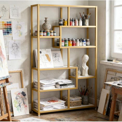 Mueble librería 8 estantes metal dorado 180x100x20 cm OKMYHOME (1/5)