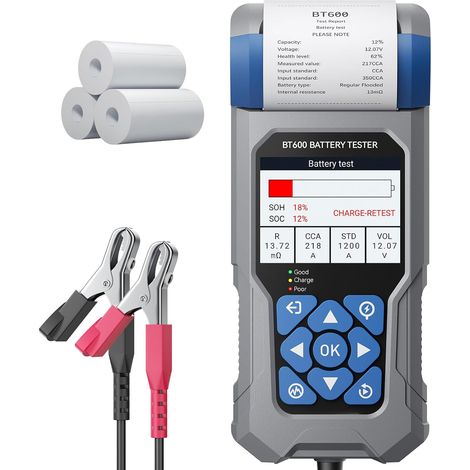 Testeur de Batterie Coche Avec Imprimante BT600, 6V 12V 24V, Testeur De Charge 5–3000 CCA Pour Batterie Plomb-Acide Et Lithium, Analyseur Du SystèMe de Charge Alternateur Démarreur Voiture (1/5)