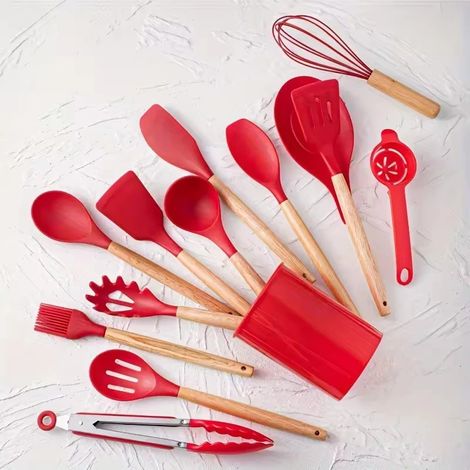 Ensemble de couverts en silicone rouge (14 pièces) avec boîte de rangement en plastique (1/2)