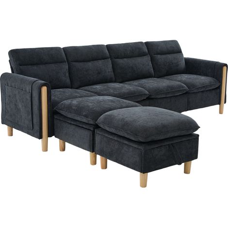 Divano modulare a U a 4 posti con 2 pouf contenitore in chenille nero e gambe in legno (1/5)