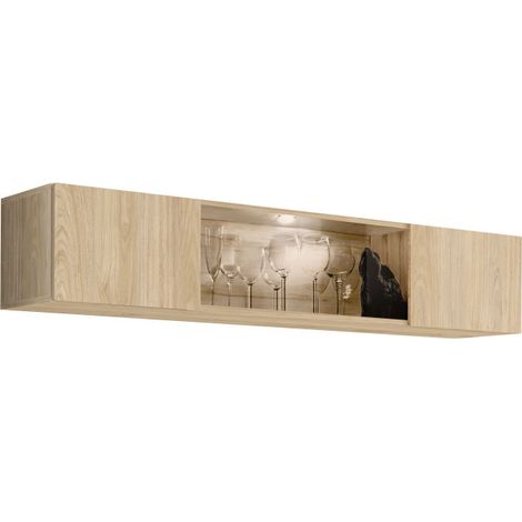 Vitrine murale Fly 52 avec éclairage LED - Bois MDF chêne Hickory Jackson - 160 x 30 x 29 cm - Livraison gratuite (1/3)