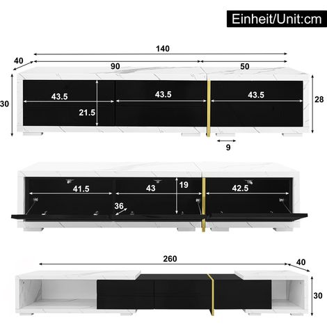 Meuble TV moderne à longueur réglable (140-260 cm), fonction pivotante, finition marbre blanc, noir laqué mat avec accents dorés (1/5)