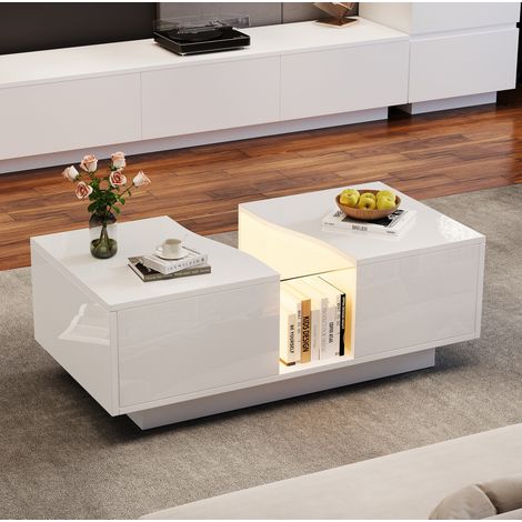 Tavolino da caffè 100x50x35 cm bianco in MDF e acrilico con LED, 2 cassetti e finitura lucida (1/5)