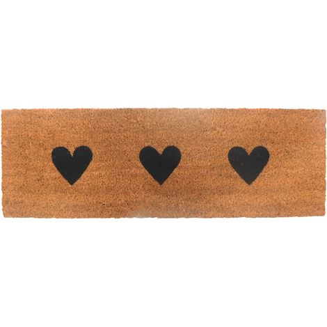 Paillasson en Coco, cœurs, 75 x 25 cm, paillasson étroit, intérieur et extérieur, antidérapant, Naturel/Noir (1/5)