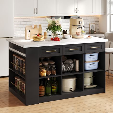 Modernluxe – Îlot central de cuisine 150x90x90cm – Table à manger extensible – MDF noir et blanc – Rangement avec tiroirs et étagères réglables (1/5)