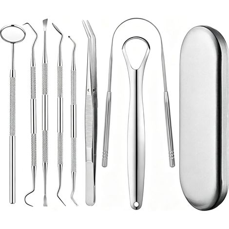 Kit de nettoyage dentaire, instruments de nettoyage dentaire, instruments dentaires en acier inoxydable, miroir dentaire, sonde dentaire, nettoyage dentaire (kit de 8 pièces) (1/2)