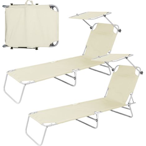 Coppia Lettini Prendisole Pieghevoli con Parasole Regolabile, Schienale Reclinabile in 4 Posizioni, Struttura in Acciaio Anti-Ruggine, Tessuto Impermeabile Anti-UV, Portata 110 kg Ecru (1/5)