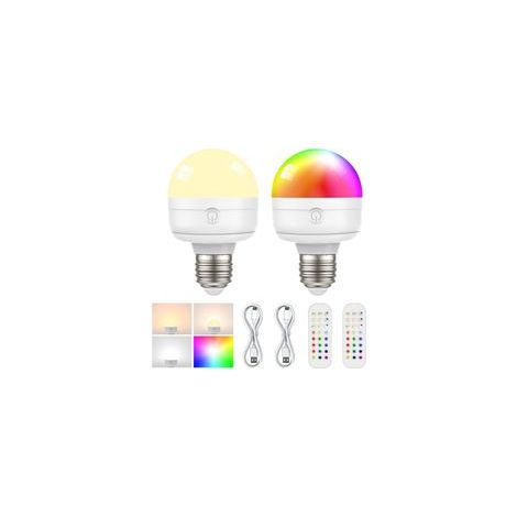 2-Pack E26 Rechargeable Light Bulbs with Remote Control, 6W 450lm 2500mAh Battery-Powered Magnetic Bulbs, 15 RGB Colors, Timer, Dimmer for Wireless Lamps (1/5)