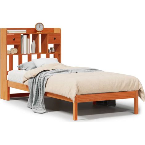 Lit simple  Lit adulte  Lit bibliothèque sans matelas cire marron 75x190 cm pin massif