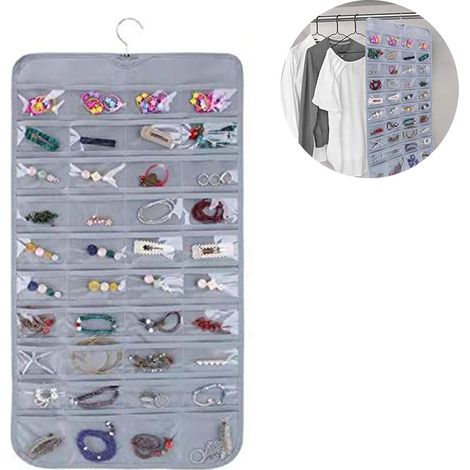 Organisateur Bijoux Mural - 80 Poches Transparentes Double Face - En Tissu Non Tissé et PVC - 43 x 84 cm - 1 Pièce (1/5)