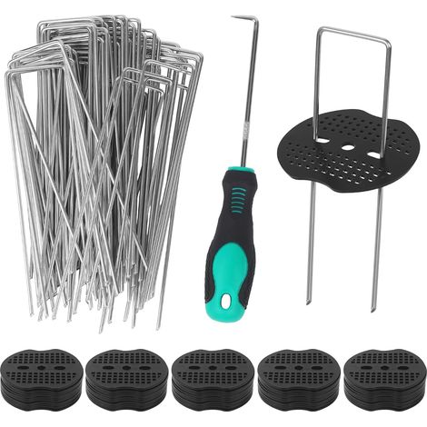 Sardines De Fixation, 50 Piquets De Jardin galvanisé + 50 rondelles + 1 Crochet, Agrafe Geotextile adapté à la Fixation de Toiles antimauvaises Herbes de membranes Anti Mauvaises Herbes (1/5)
