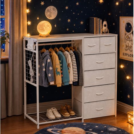 Armoire de chambre d'enfant 131x45x17 cm avec 6 tiroirs, barre de penderie et prise, blanc (1/5)