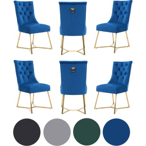 Set of 6 Blue Ambra Modern Velvet Dining Chairs with Gold Legs & Ring Handle - Tufted Back, Plush Foam Seat, Luxury Accent Chair (1/5)
