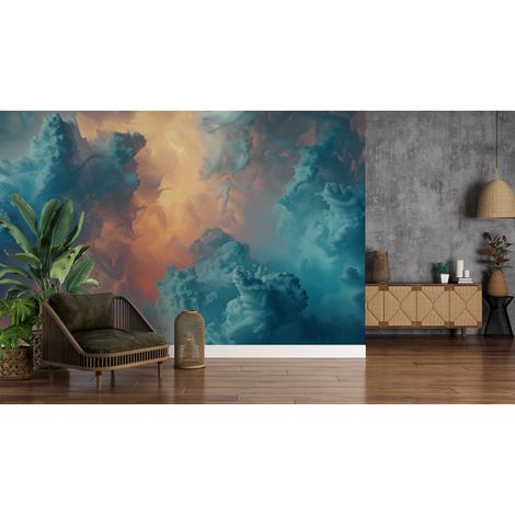 Papier peint nature - nuages mystiques bleus et orangés - 150 x 250 cm (1/2)