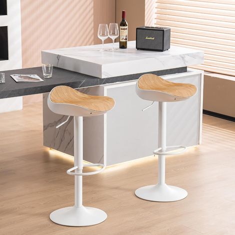 Tabouret de Bar Blanc Chaise Haute de Bar, Hauteur Réglable et Pivotant 360° Tabouret Design Siège en Grain de Bois, Tabouret pour Bar Cuisine et Comptoir Lot de 2 (1/5)