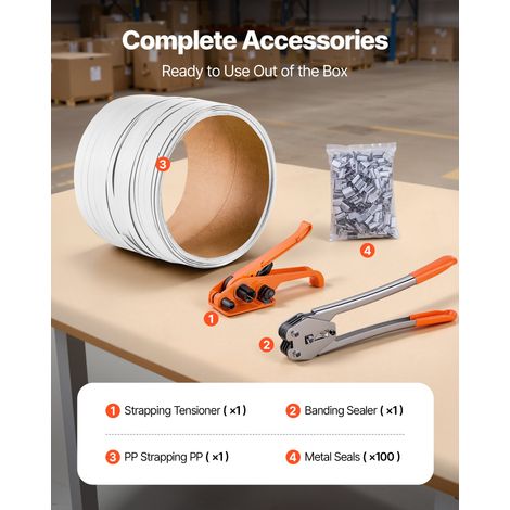 Kit Cerclage Feuillard PP 100 m Kit Cerclage Palette Manuel avec Outil et Tendeur pour Emballage, Entrepôts, Déménagement, Stockage, Transport de Marchandises, avec 100 Scellés en Métal, Orange (1/5)