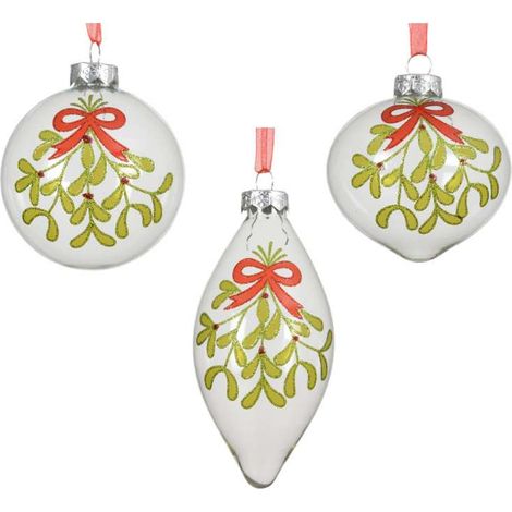 Decoris Sfera di Natale di Vetro Trasparente con Foglie e Glitter Rossi - 8 cm (1/2)