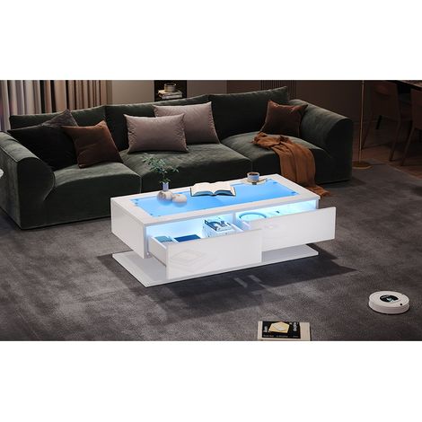 Table basse 100x50 cm en laque blanche brillante avec tiroirs, led et plateau en verre, moderne (1/5)