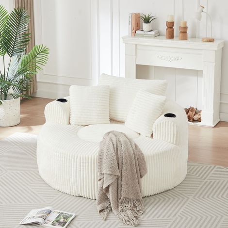 Fauteuil lounge rond 1 place - 3 coussins, 2 porte-gobelets et poches latérales - velours côtelé - Beige (1/4)