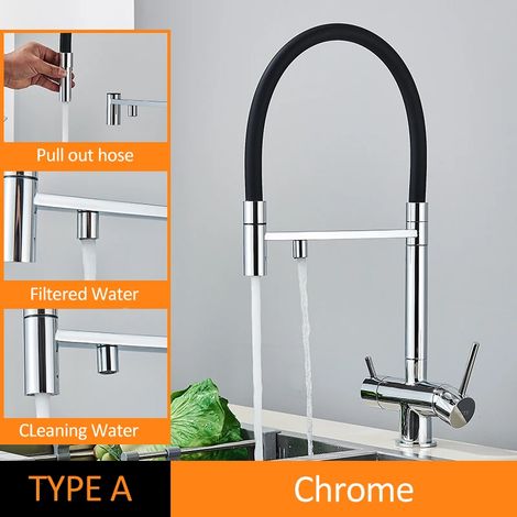 (TYPE A Chrome) Robinet de cuisine filtré noir et gris avec filtre à eau, mitigeur, purification de l'eau, eau potable (1/5)
