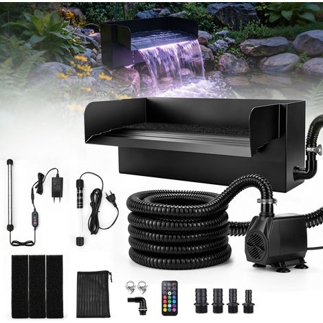 Kit Cascade pour Bassin 30cm avec Pompe 45W 3000L/H, Lampe UVC 254 nm, Filtre, RGB LED, Cascades d'eau en Acier Inoxydable pour Étang, bassin de Jardin, Ruisseaux et Plans d’eau