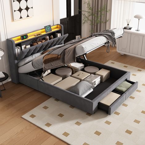 Lit coffre 140x200 cm, lit avec rangement et 2 tiroirs, tête de lit avec 2 prises électriques et 2 ports USB, LED, en velours hollandais gris foncé, sans matelas (1/5)