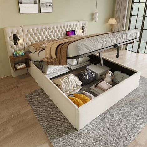 Lit rembourré coffre 180x200 cm velours beige avec 2 tables de chevet et liseuse — sans matelas
