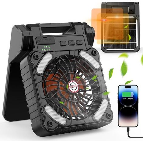 Ventilador solar para camping con linterna LED，batería recargable de 10400 mAh，cortes de luz y huracanes. Color negro-naranja (1/2)