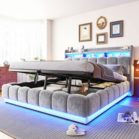 Letto imbottito 180200 con contenitore idraulico, tessuto in pelle di agnello, striscia LED e porta USB, struttura a doghe in metallo, ampio vano contenitore, letto singolo/matrimoniale, grigio (1/5)
