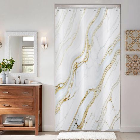 Rideau de douche marbré 90 x 180 cm, moderne, abstrait, blanc doré, texture marbrée, lavable, étroit, avec œillets en tissu polyester, imperméable, pour baignoire, avec 6 crochets (1/5)