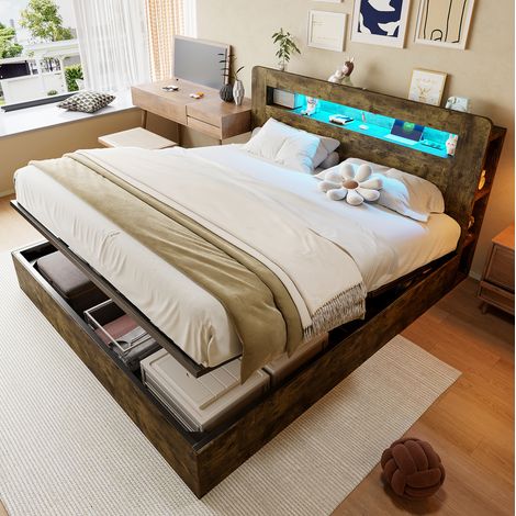 Letto 180x200 cm legno vintage con contenitore, testiera LED e prese (1/5)