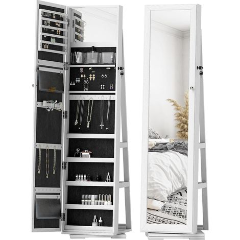 Armoire à Bijoux pivotante verrouillable boîte à bijoux avec Miroir - Armoire Bijoux Multi-Rangement - en Bois Blanc (1/5)