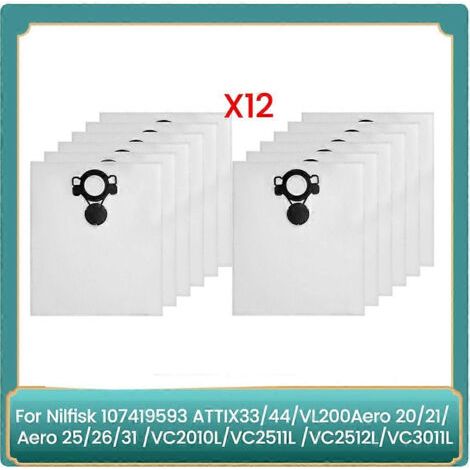 Lot de 12 sacs à poussière pour aspirateurs Nilfisk 107419593 ATTIX33/44, VL200Aero 20/21, Aero 25/26/31, VC2010L/VC2511 (1/5)