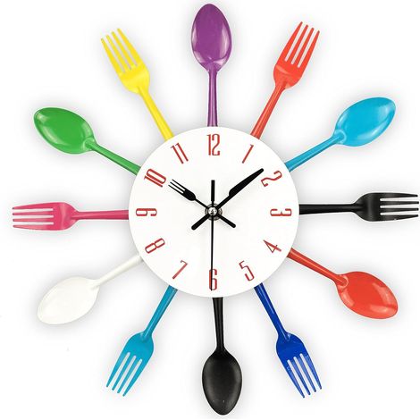Horloge de cuisine à effet miroir avec cuillère et fourchette 32x32x4CM Autocollants 3D colorés et amovibles pour la décoration de la maison (1/5)