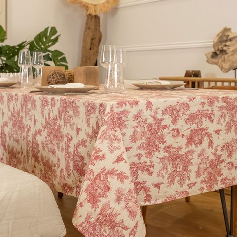 Nappe toile de Jouy rectangulaire plastifiée Carmin 250x150 cm (1/3)