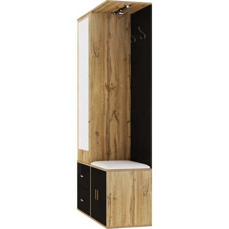ELVMI Mobile da ingresso con specchio, panca, cassetto, scarpiera, ganci e barra estraibile Nero Naturale (1/5)