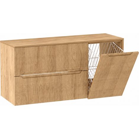 Meuble sous vasque suspendu avec panier à linge et plan L.120 cm effet chêne Hikora façade rainurée NOVO Furnidea (1/5)