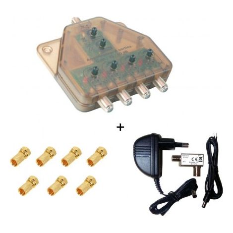 Amplificateur TNT UHF, Distributeur Télé alimenté 1 entrée 4 sorties + Alimentation 12 V 50 mA + 7 Fiches F Or - Gain max 4 x 40 dB (1/4)