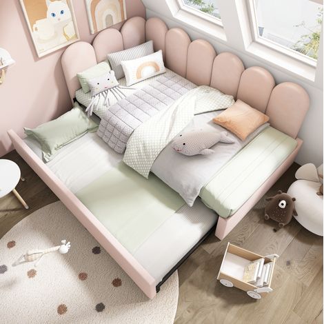 Letto bambini 90x200 cm con letto estraibile 90x190 cm e rete a doghe, in velluto rosa, materasso non incluso (1/5)