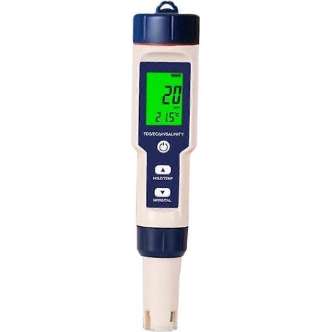 5-in-1 Wasserqualitätstester: EC, TDS, Salzgehalt, Temperatur, pH-Wert, Blau-Weiß-Test (1/5)