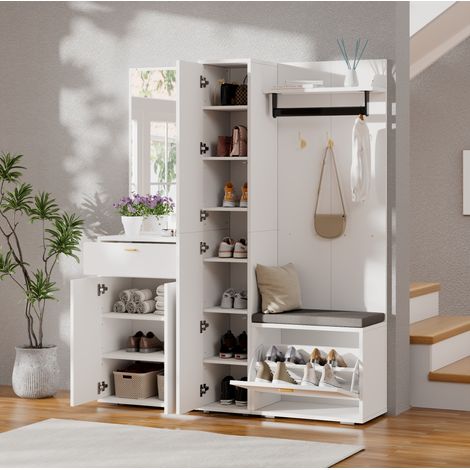 MODFU – Set de recibidor 150x36x180 cm de aglomerado y MDF con espejo, banco, ropero, 3 puertas, cajón, antivuelco y carga 50 kg – Blanco (1/5)