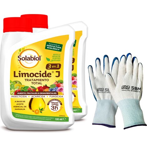 Pack de 2 Limocide J Tratamiento Total para Huerto, Frutales y Ornamentales. Insecticida, acaricida y fungicida fabricado a base de aceites esenciales  + Guantes Originales de la Marca de regalo (1/5)