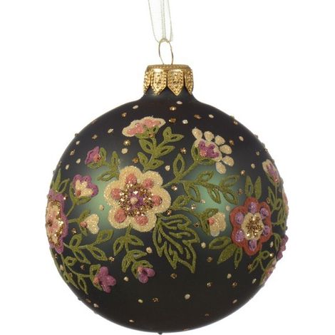 Pallina de Navidad de vidrio verde pino con flores Ø8 cm