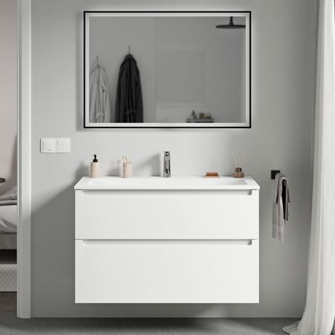 BERNSTEIN - Mueble lavabo suspendido MDF blanco mate, lavabo fundición blanco mate + orificio grifería, cajone giratorio 80x46x62cm VIREO blanco mate, Blanco mate con orificio para grifo.