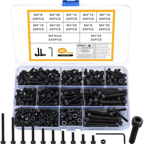 440 pièces Vis à tête creuse M4 noires, vis à boulons de câble à tête, jeu d'acier allié avec écrou, avec rondelles et 2 clés (1/5)