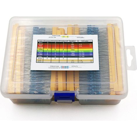 Juego de 2600 resistencias comunes (130 valores diferentes), resistencias de película de metal-carbono del 1%, 1/4 W, rango completo, con caja de almacenamiento. (1/5)