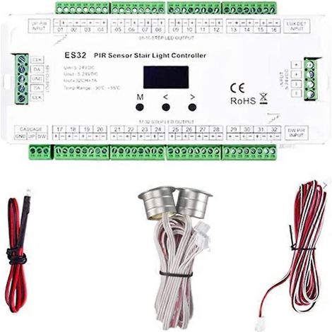 Contrôleur d'éclairage d'escalier avec capteur PIR 32 canaux, variateur de bande LED RGB Pixel SPI 2 canaux, contrôleur d'éclairage d'escalier intérieur 5V-24V. (1/5)