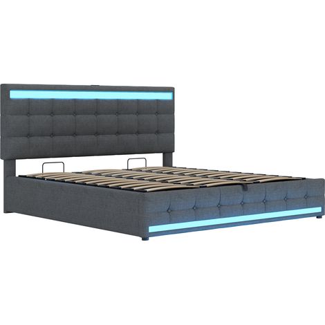 Letto imbottito 180 x 200 cm con contenitore idraulico, LED RGB e USB, grigio (1/5)