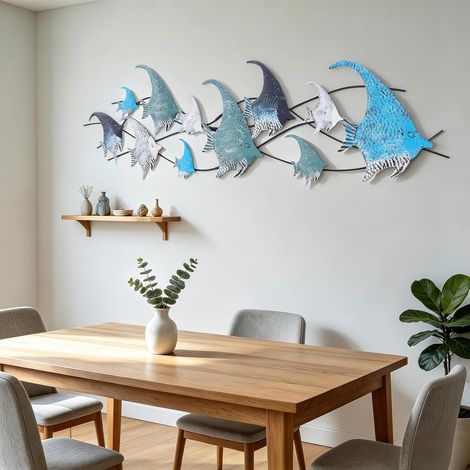 Metal Marine Fish Group Wall Art, 3D Large Metal Fish Wall Decor, 15040cm Coastal Sea Fish Wall Sculpture, School of Fish Wall Decoration, for Living Room Bedroom Outdoor Beach Decor (1/5)